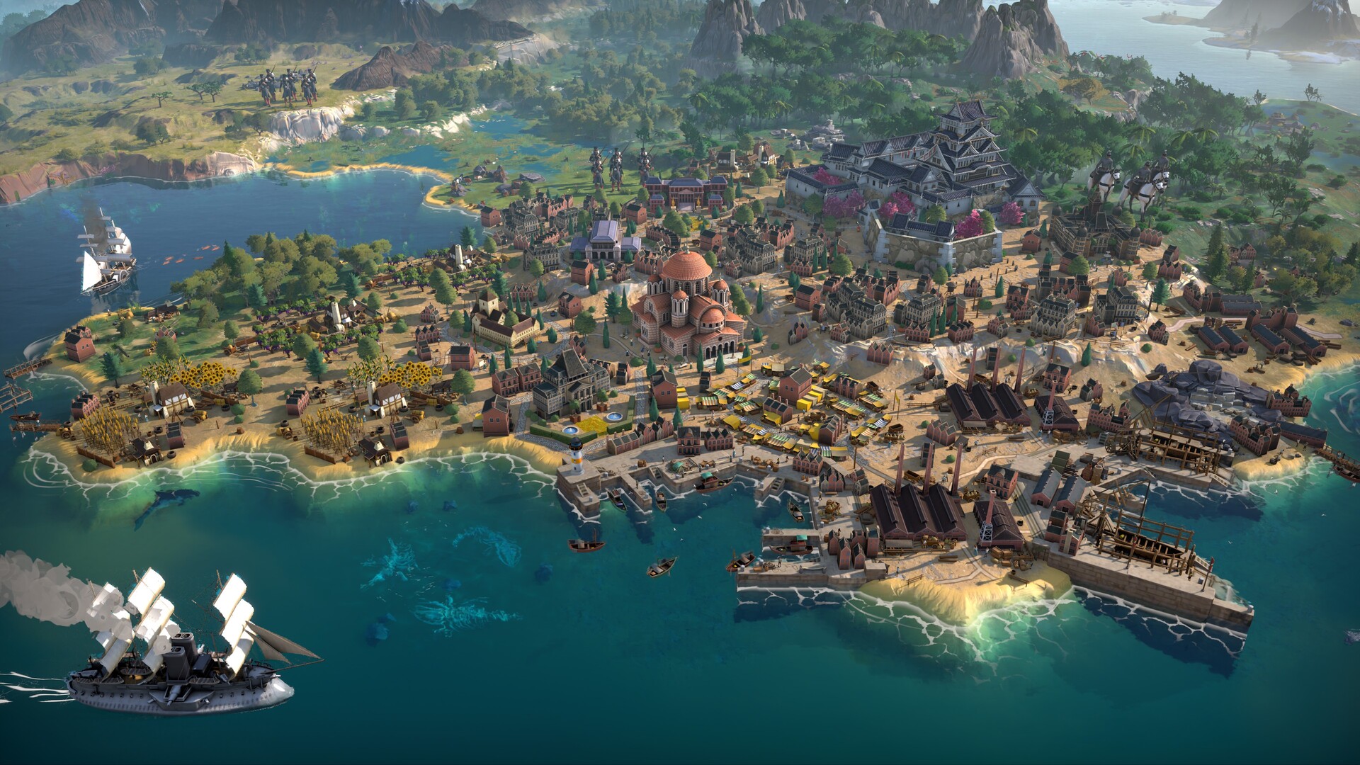 Official Steam screenshot of a coastal city with a domed building, a castle on a hill, harbors, sailing ships, and groups of soldiers.
