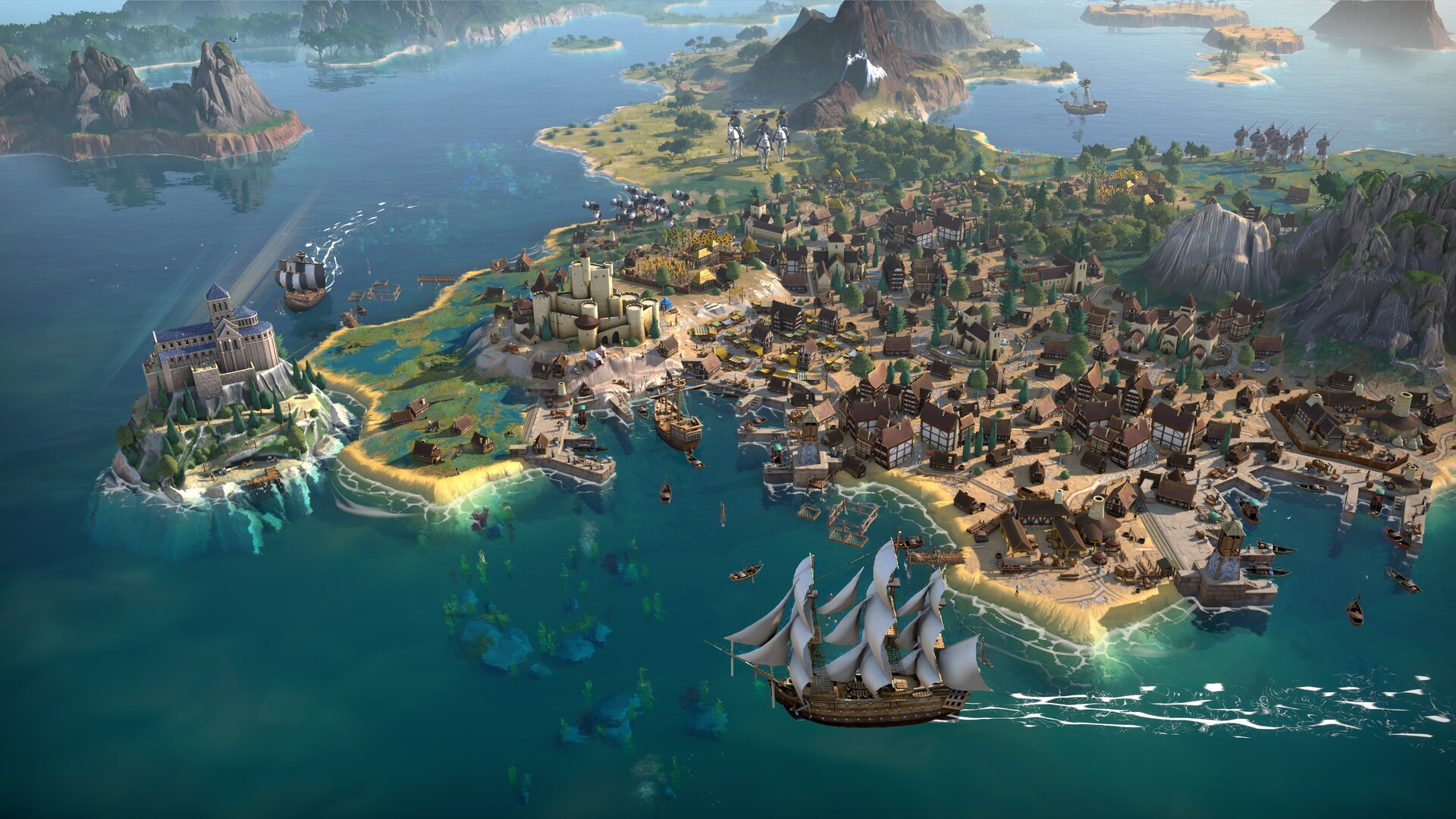 Official Steam screenshot of a harbor city with a stone castle, half-timbered streets, windmills, and sailing ships.